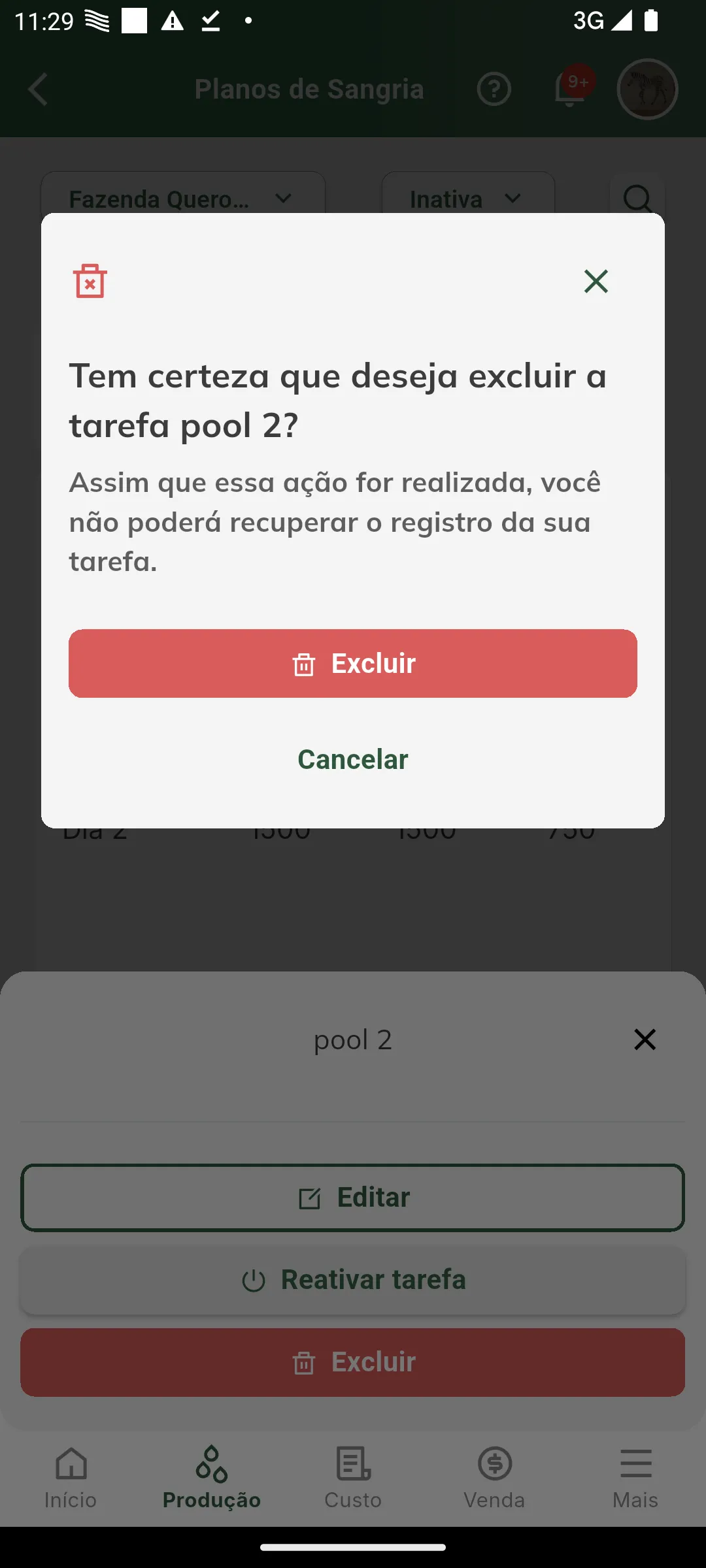 Confirmar exclusão do plano de sangria