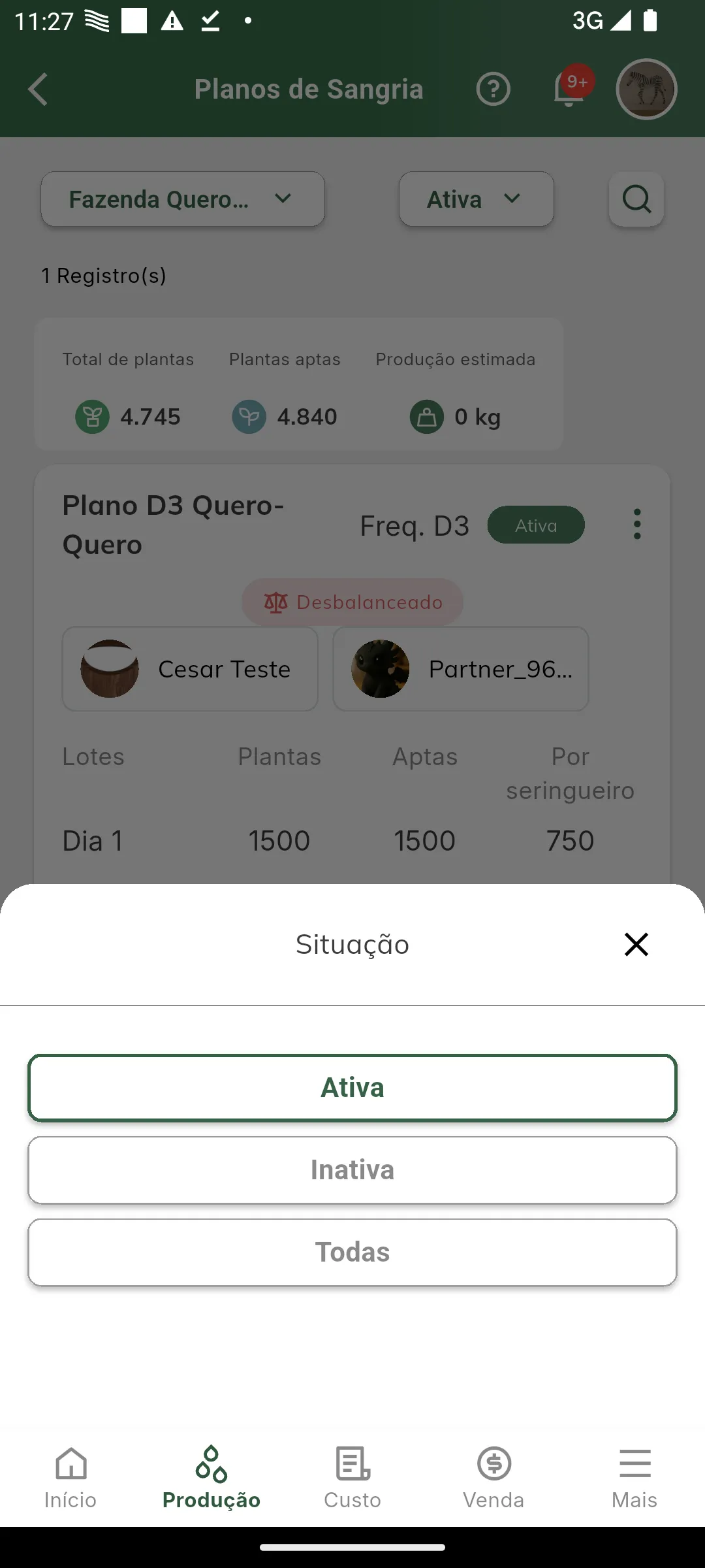 Opções do filtro de situação