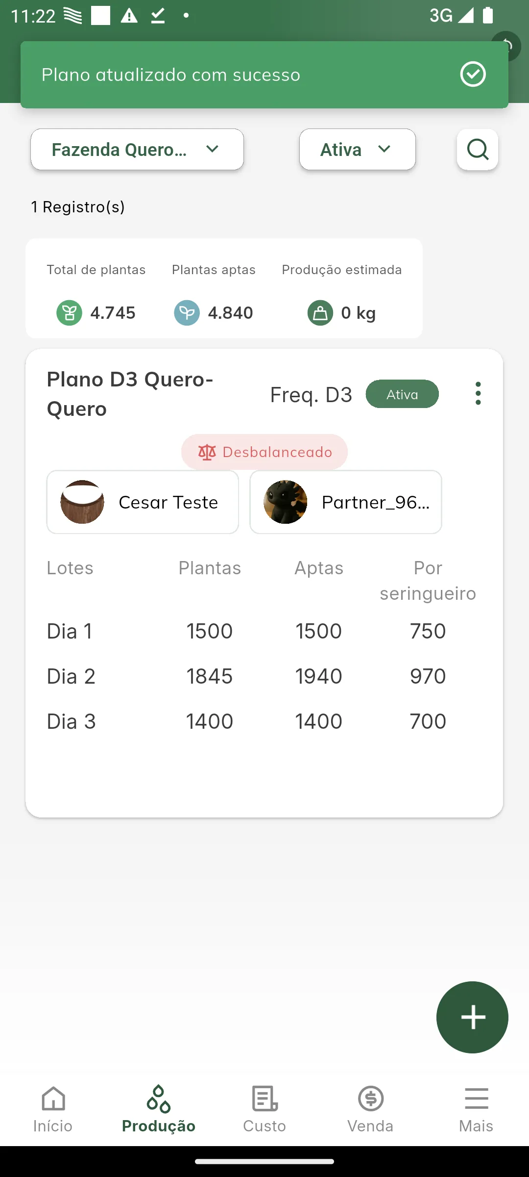 Plano com seringueiros vinculados