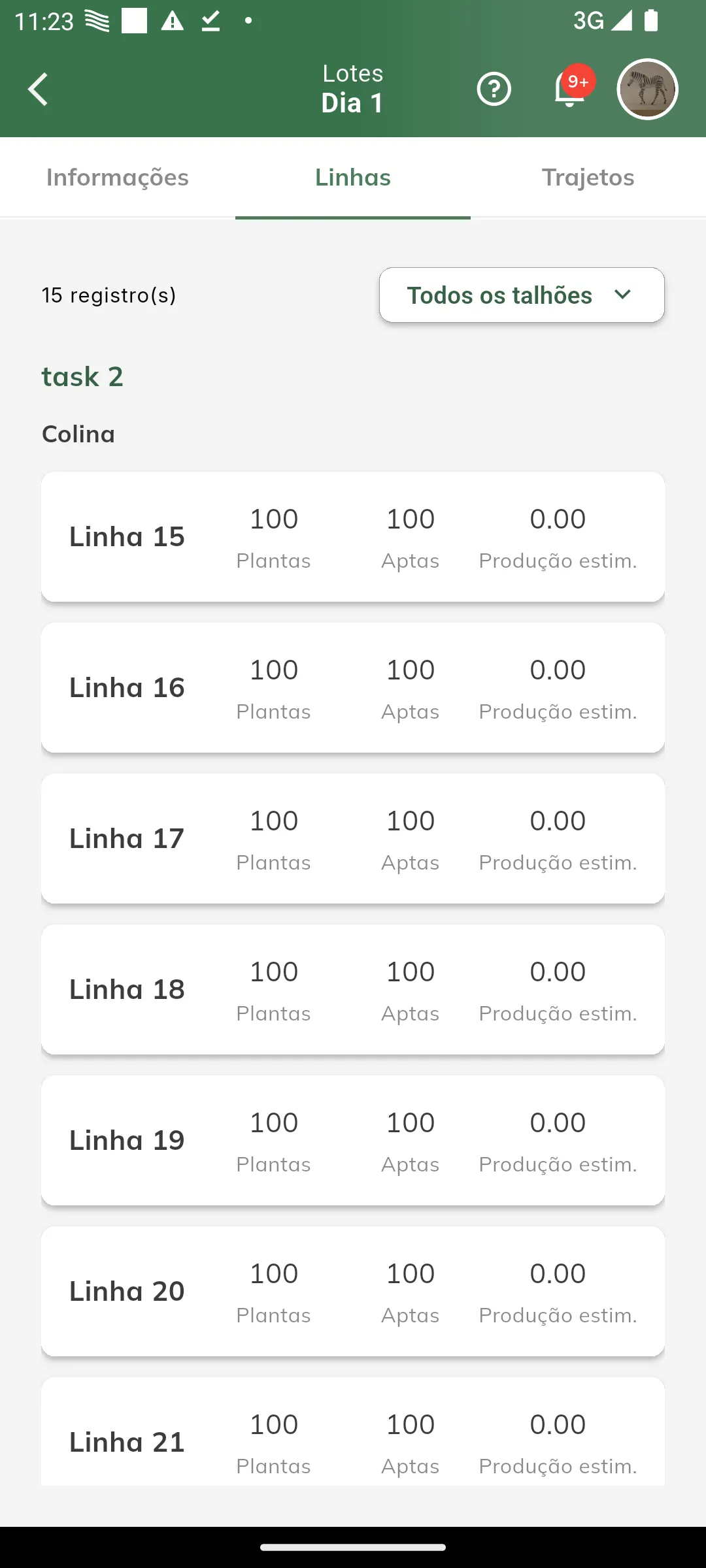Linhas do dia agrupadas por tarefa de campo