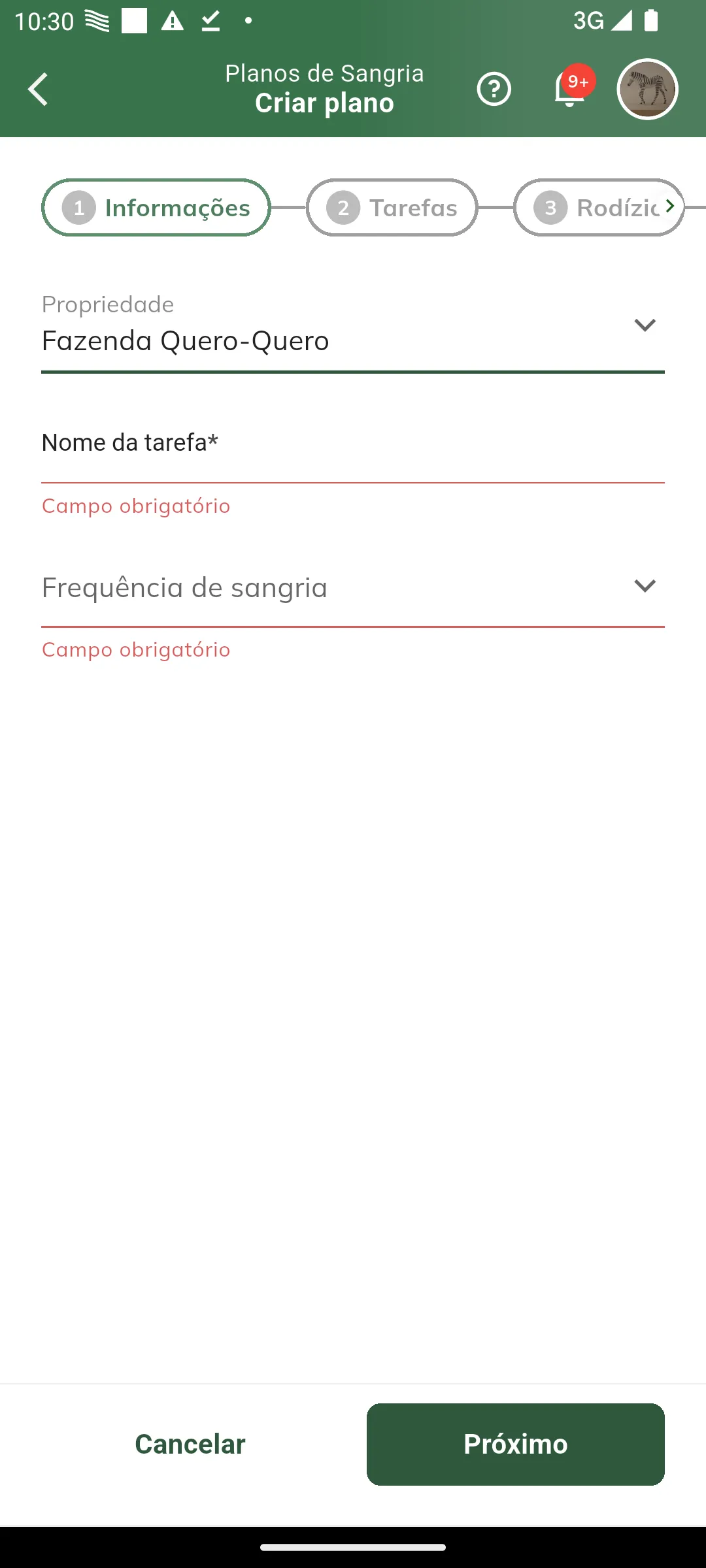 Plano de sangria - passo Informações