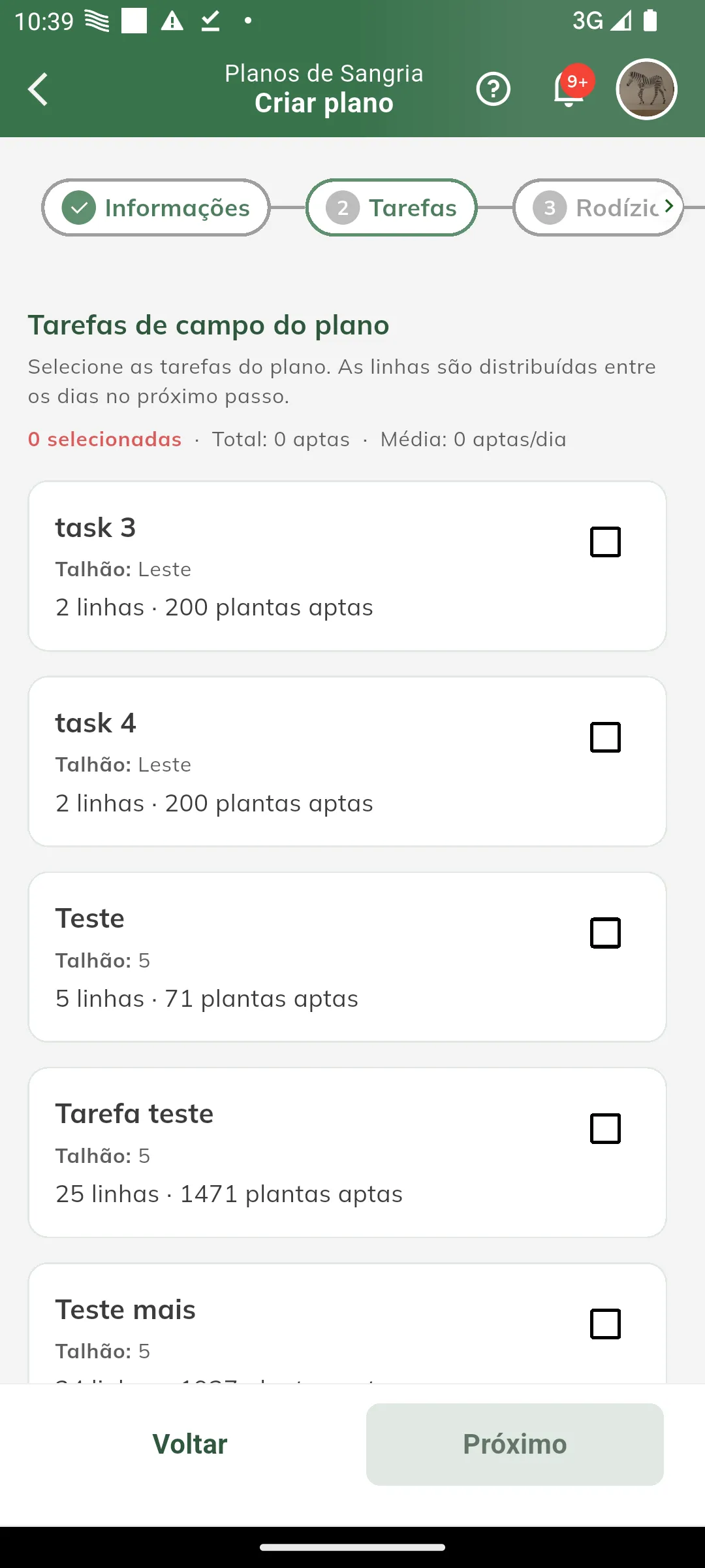 Tarefas em uso não aparecem na seleção