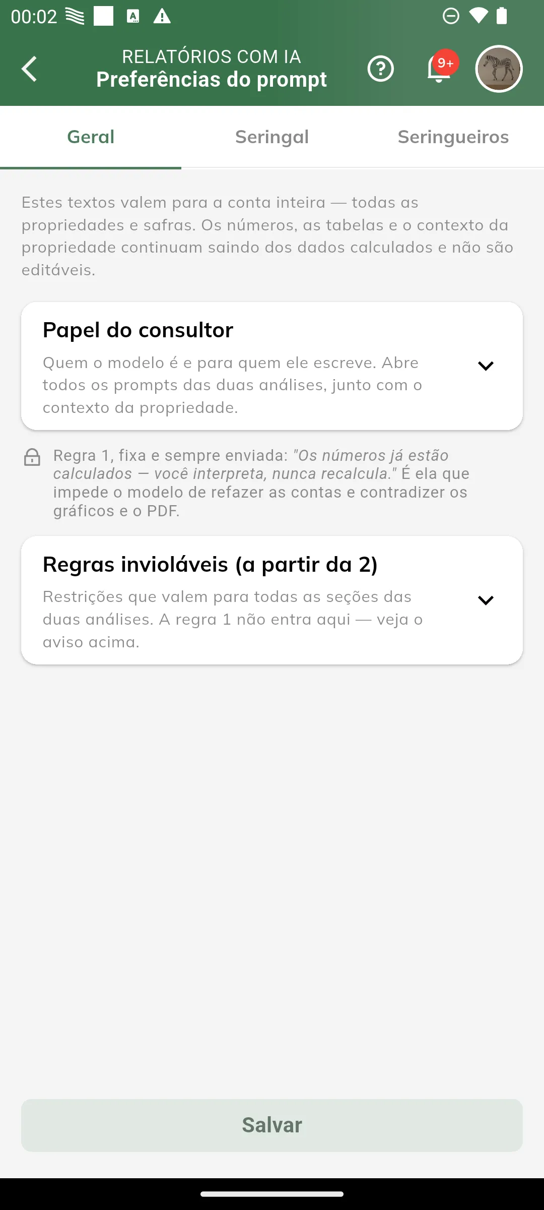 Aba Geral das Preferências do prompt