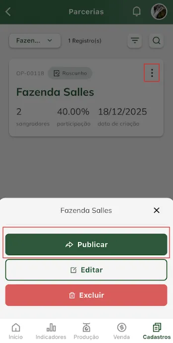 Tela: publicar cadastro de parceria Publicar parceria