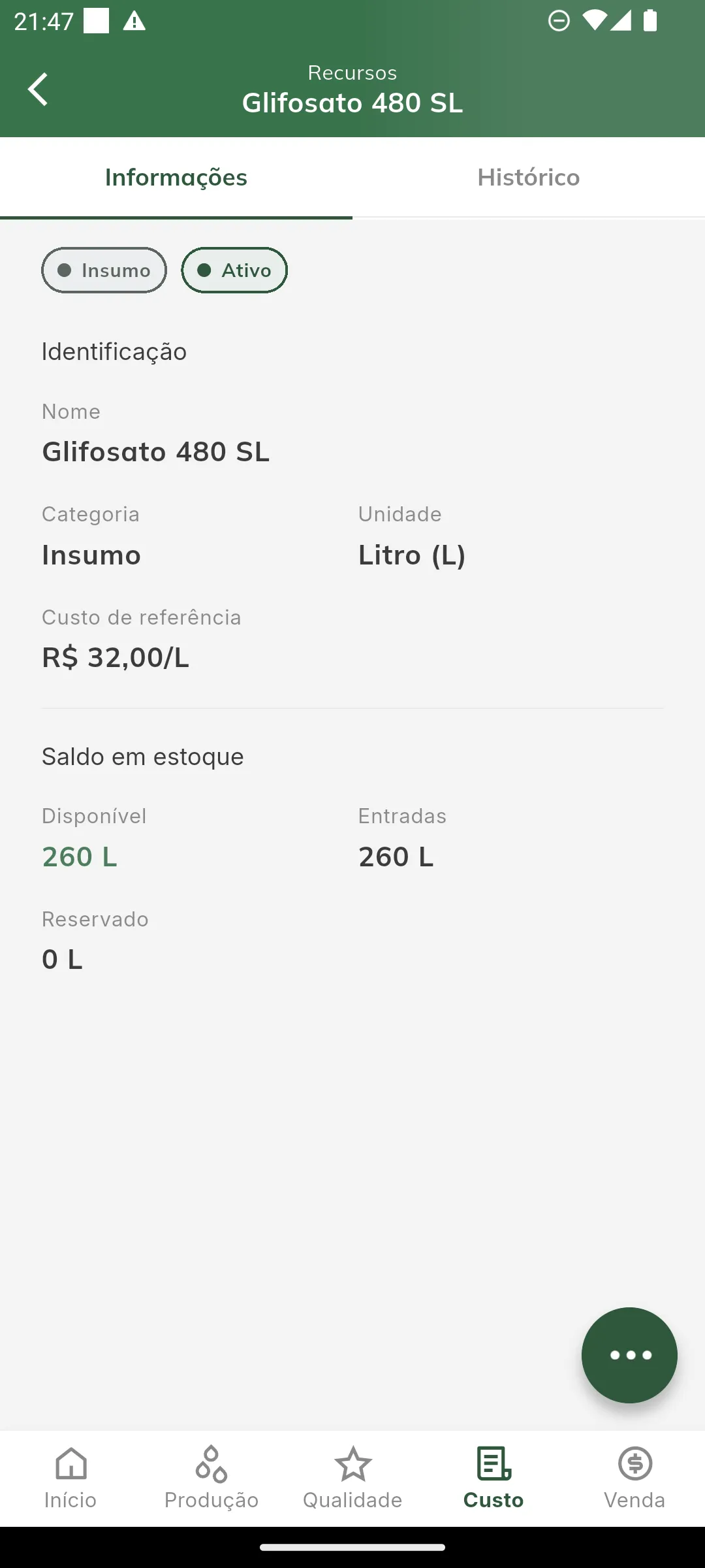 Detalhe do insumo