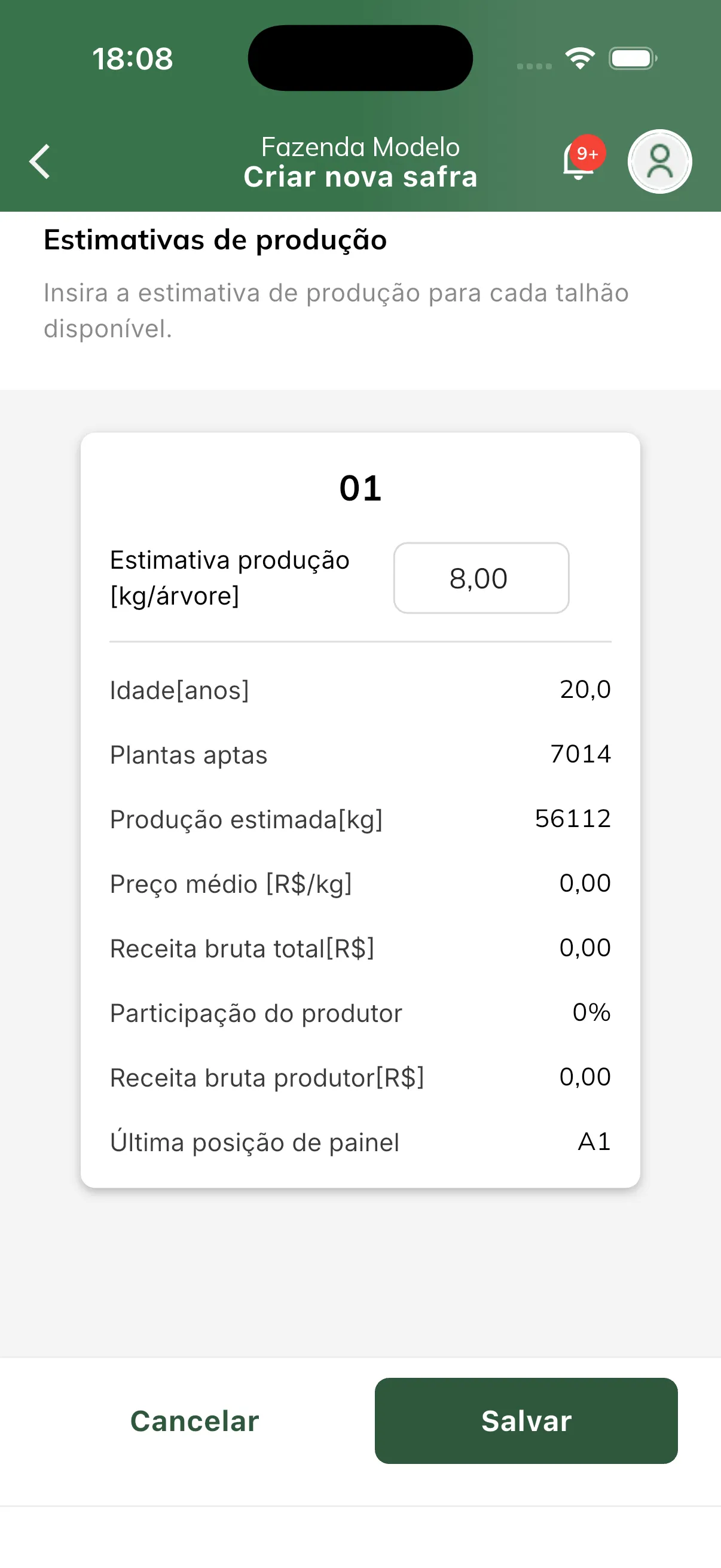 Última posição de painel no cartão do talhão