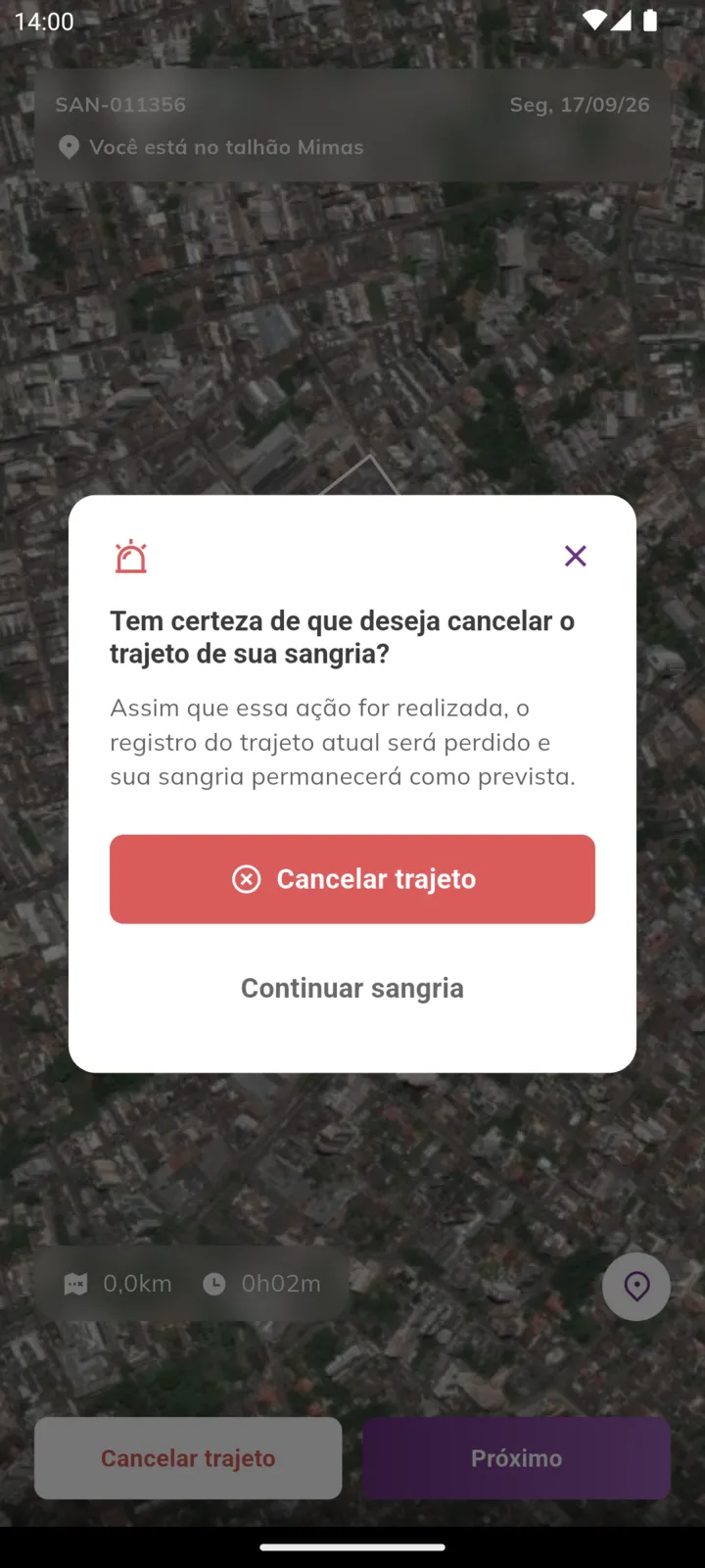Confirmação para cancelar o trajeto