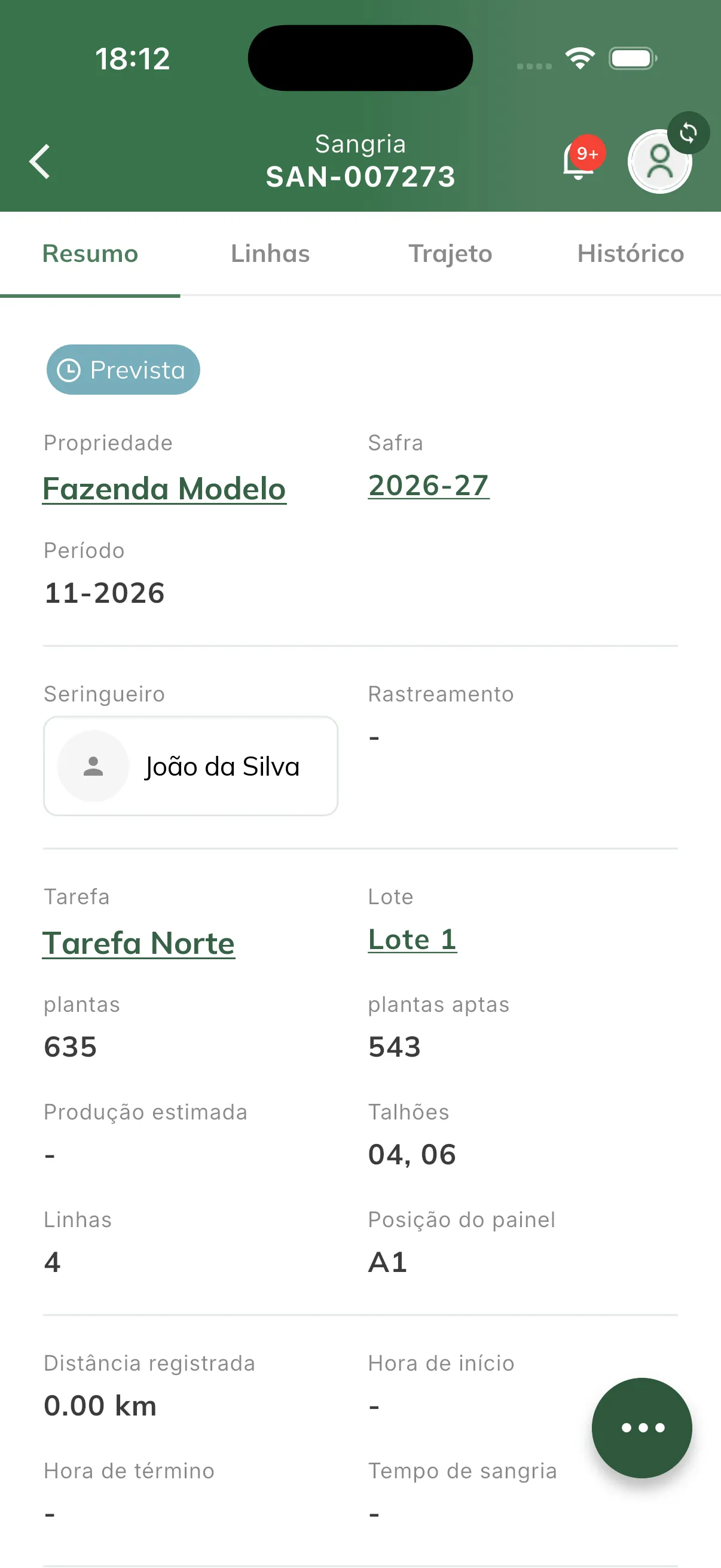 Campo “Posição do painel” na aba Resumo da sangria Posição do painel no detalhe da sangria