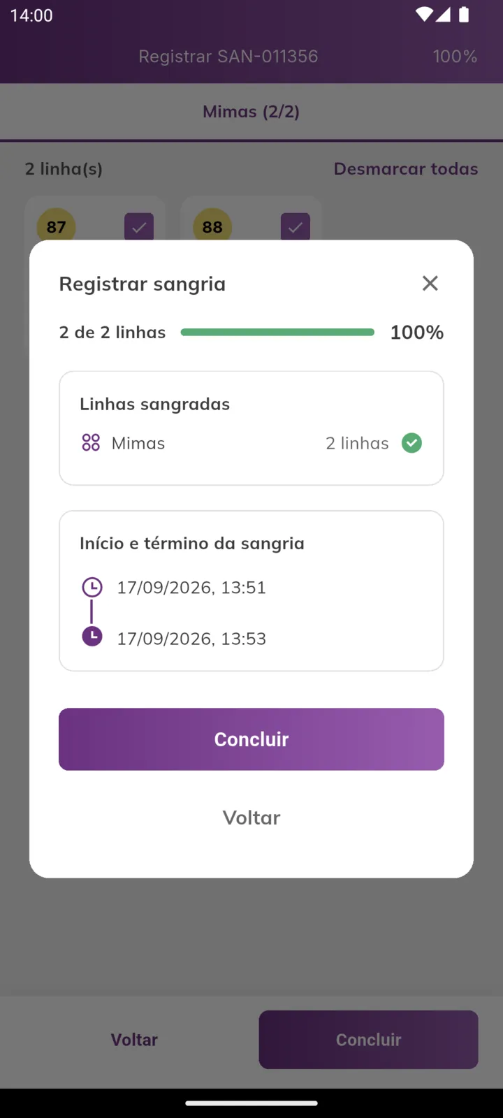 Diálogo Registrar sangria