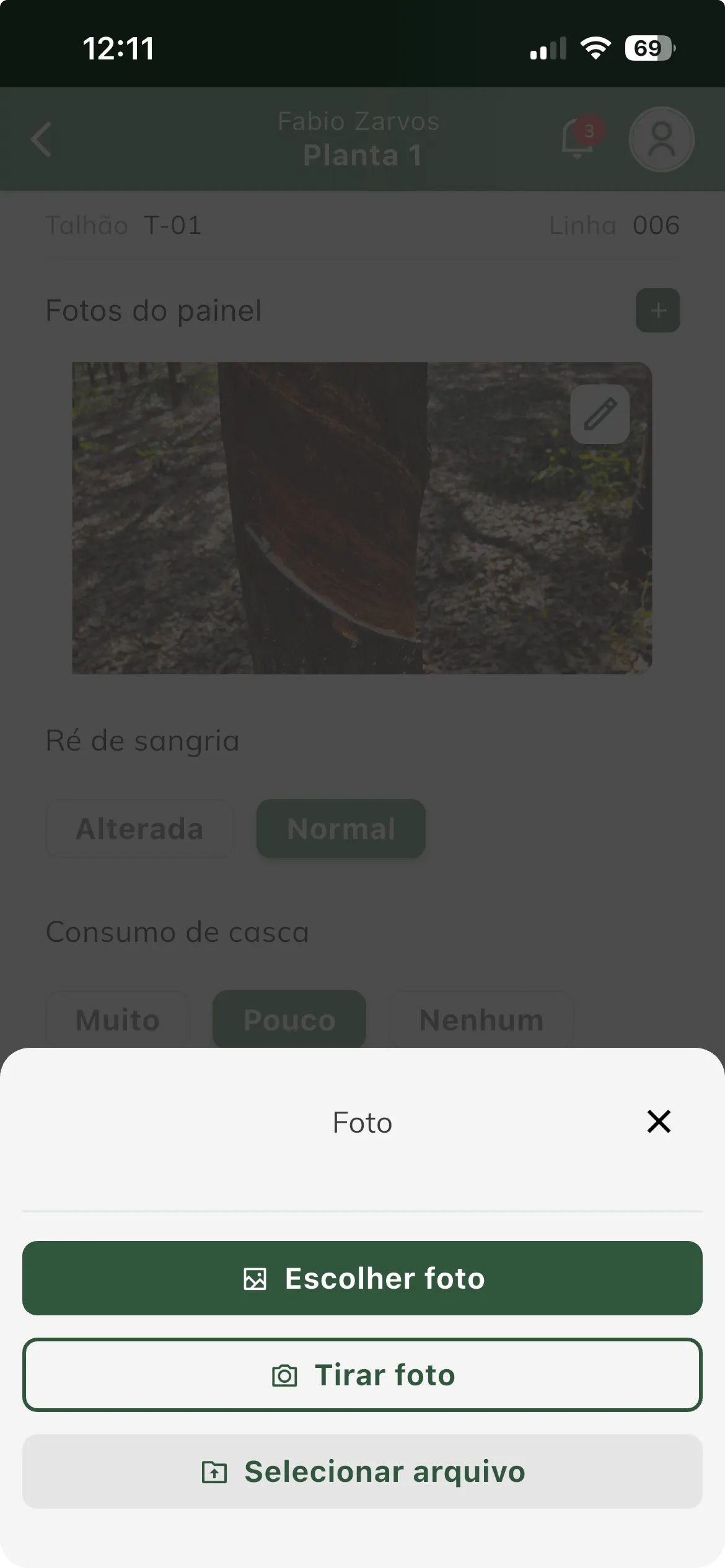 Selecionar foto ou tirar foto do painel