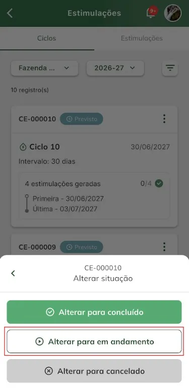 Alterar situação de ciclo para em andamento Alterar situação de ciclo para em andamento