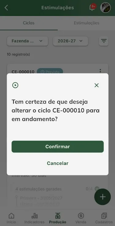 Confirmar alteração de ciclo para em andamento Confirmar alteração de situação de ciclo para em andamento