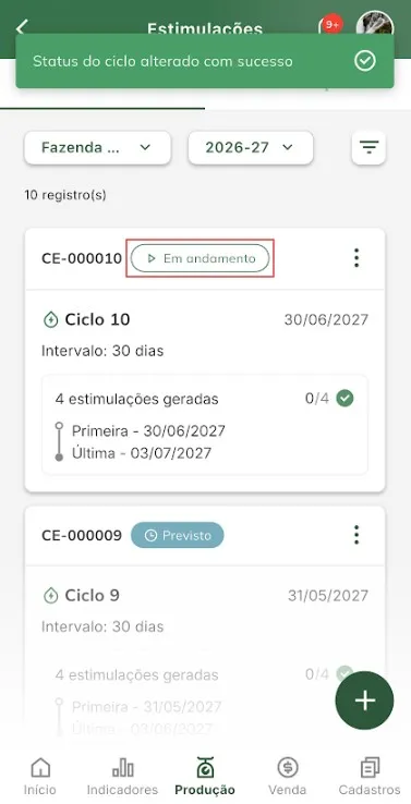 Conclusão da alteração de ciclo para em andamento Conclusão da alteração de situação de ciclo para em andamento