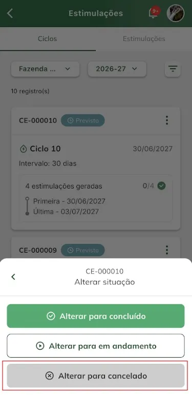 Alterar situação de ciclo para em cancelado Alterar situação de ciclo para cancelado