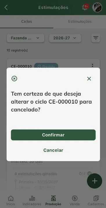 Confirmar alteração de ciclo para cancelado Confirmar alteração de situação de ciclo para cancelado