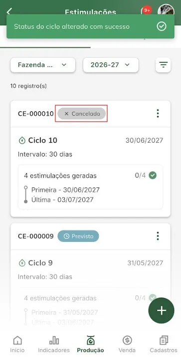 Conclusão da alteração de ciclo para cancelado Conclusão da alteração de situação de ciclo para cancelado