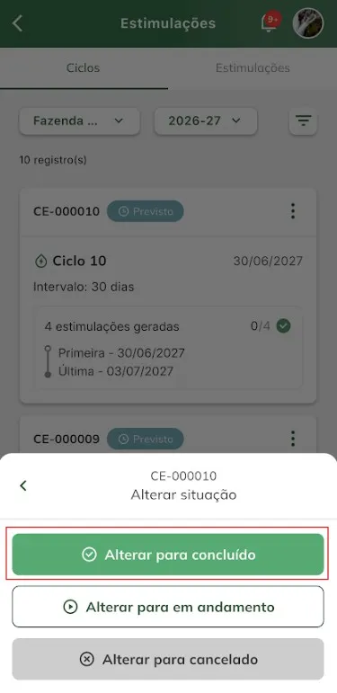 Alterar situação de ciclo para concluído Alterar situação de ciclo para concluído