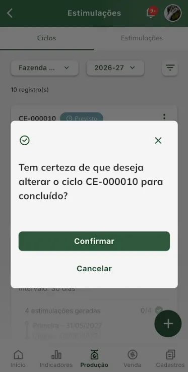 Confirmar alteração de ciclo para concluído Confirmar alteração de situação de ciclo para concluído