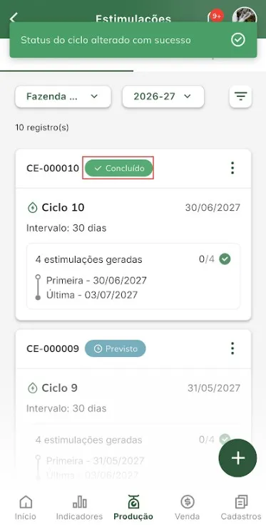 Conclusão da alteração de ciclo para concluído Conclusão da alteração de situação de ciclo para concluído