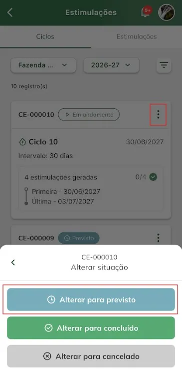 Alterar situação de ciclo para previsto Alterar situação de ciclo para previsto