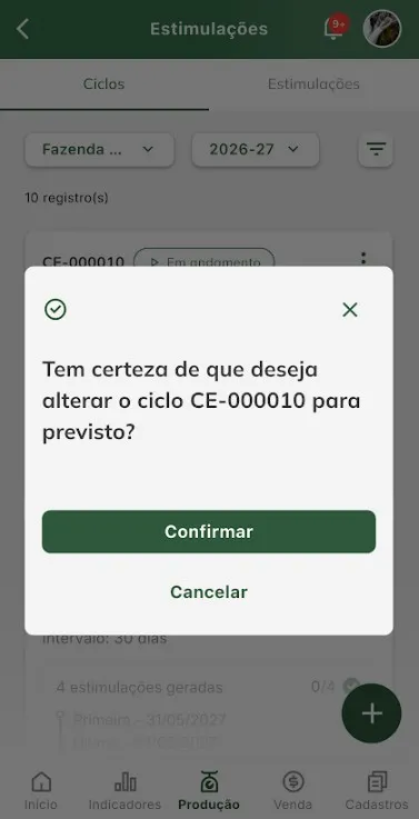 Confirmar alteração de ciclo para previsto Confirmar alteração de situação de ciclo para previsto