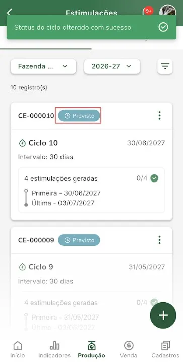 Conclusão da alteração de ciclo para previsto Conclusão da alteração de situação de ciclo para previsto