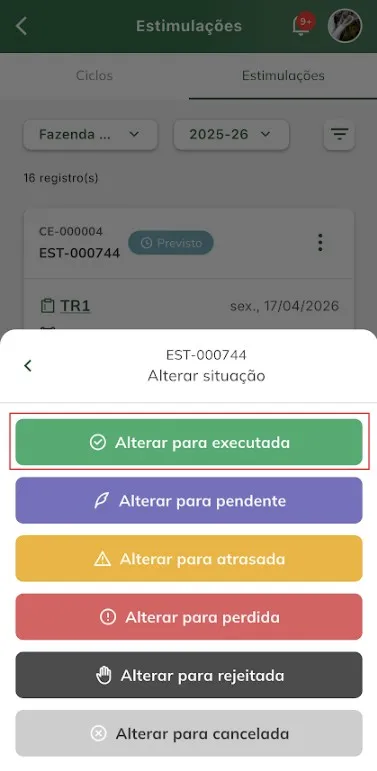 Alterar situação da estimulação para executada Alterar situação da estimulação para executada
