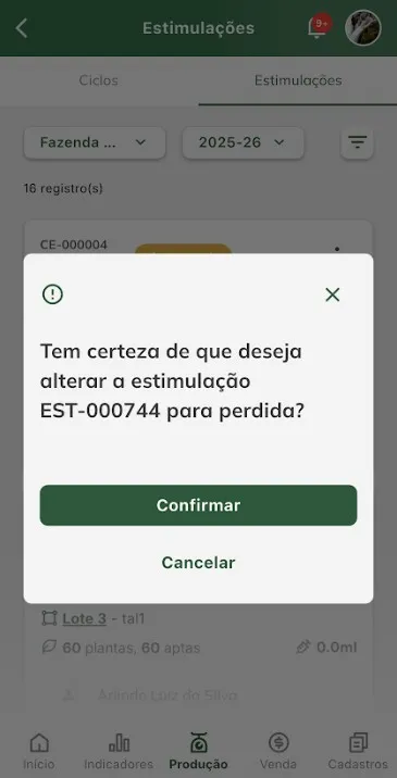Confirmar situação da estimulação para perdida Confirmar situação da estimulação para perdida