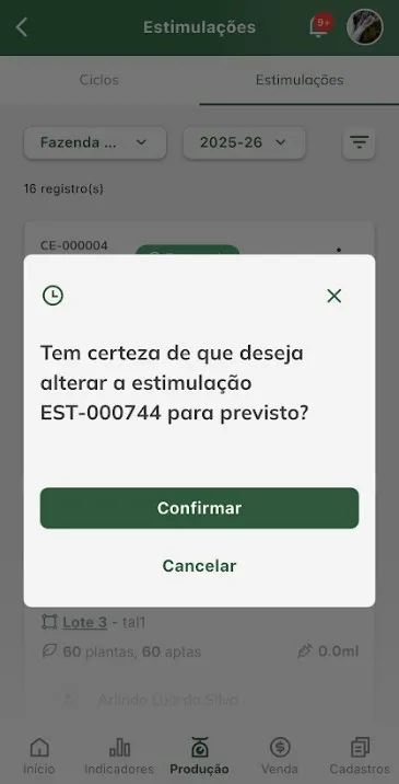 Confirmar situação da estimulação para previsto Confirmar situação da estimulação para previsto