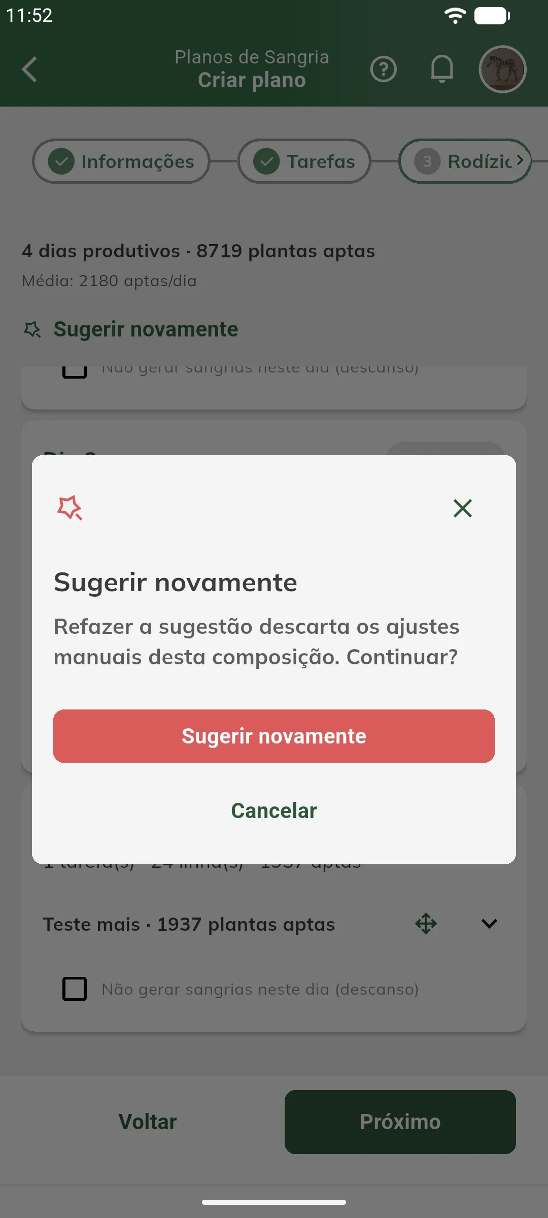 Confirmação de Sugerir novamente
