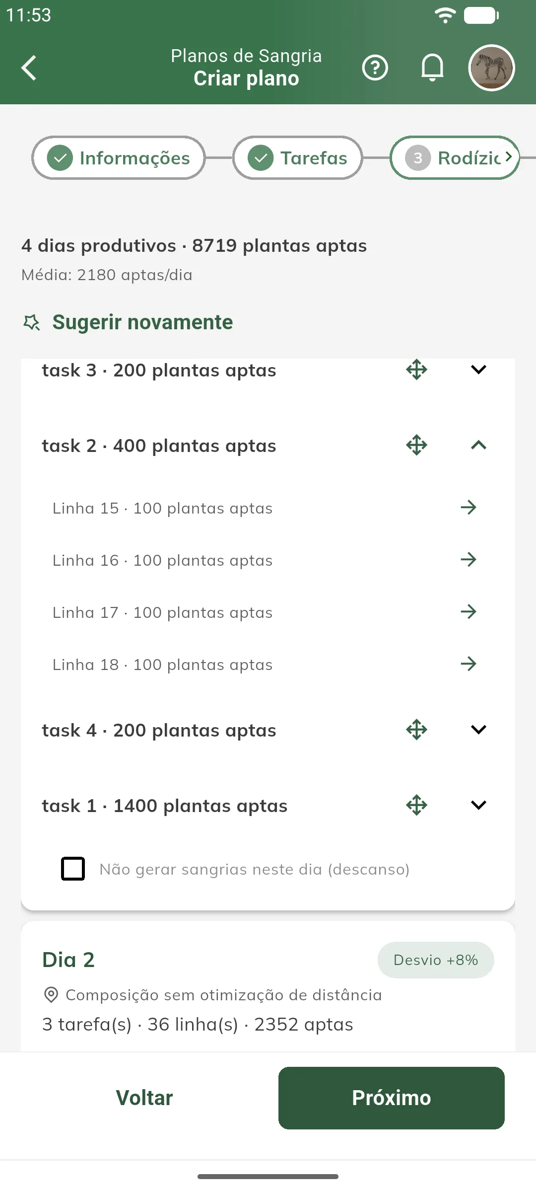 Linhas da tarefa dividida dentro do dia