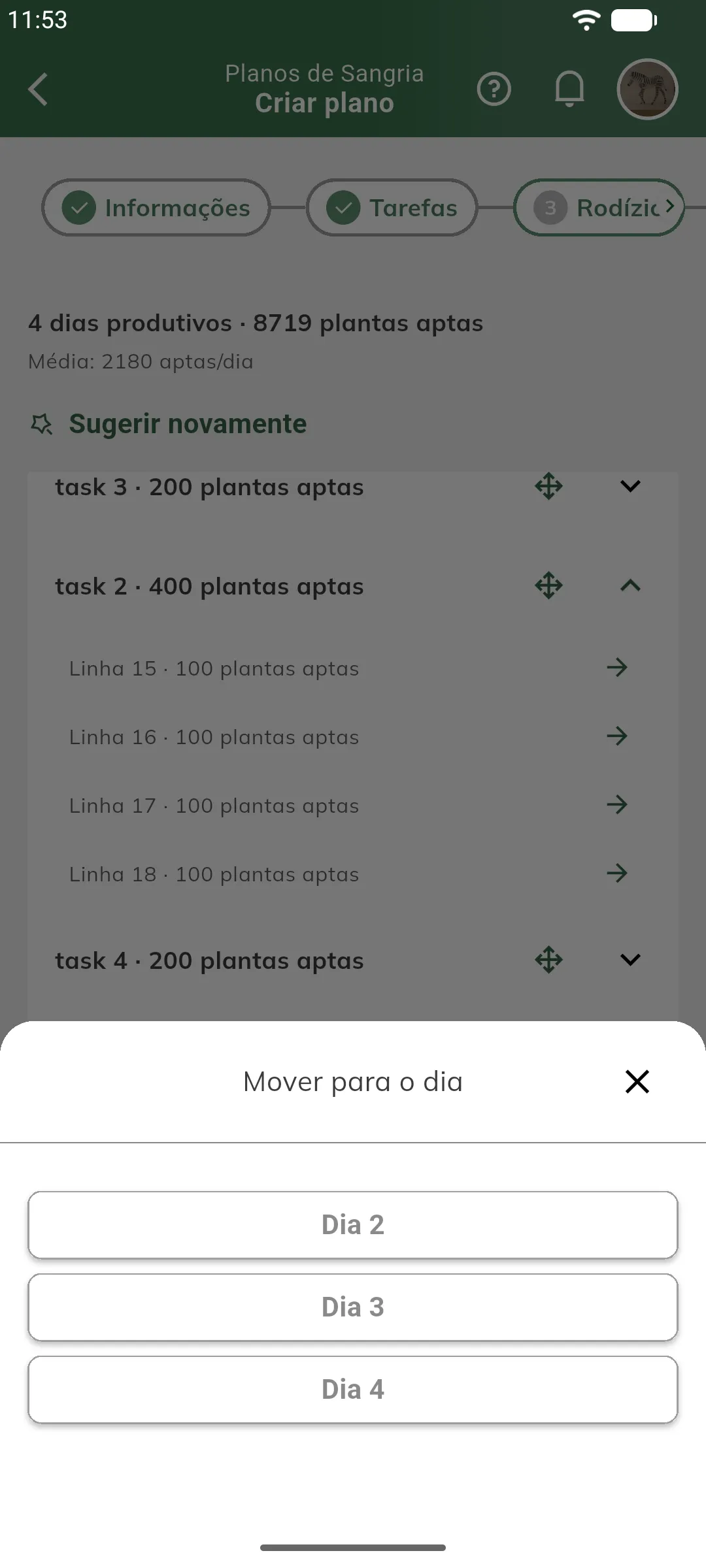 Bottom sheet Mover para o dia