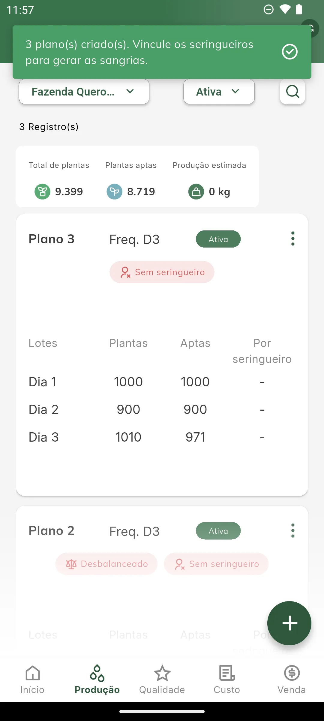 Planos criados na listagem