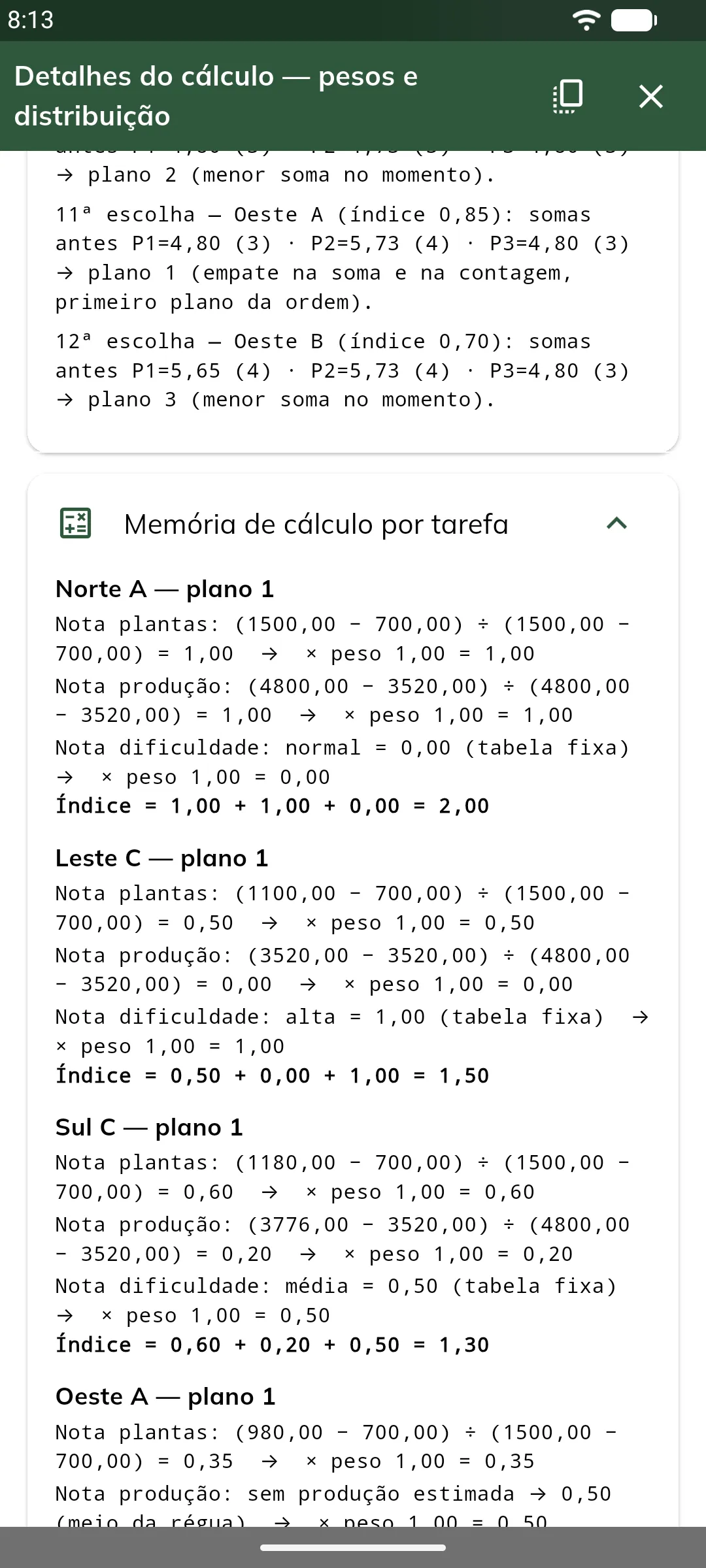 Memória de cálculo por tarefa