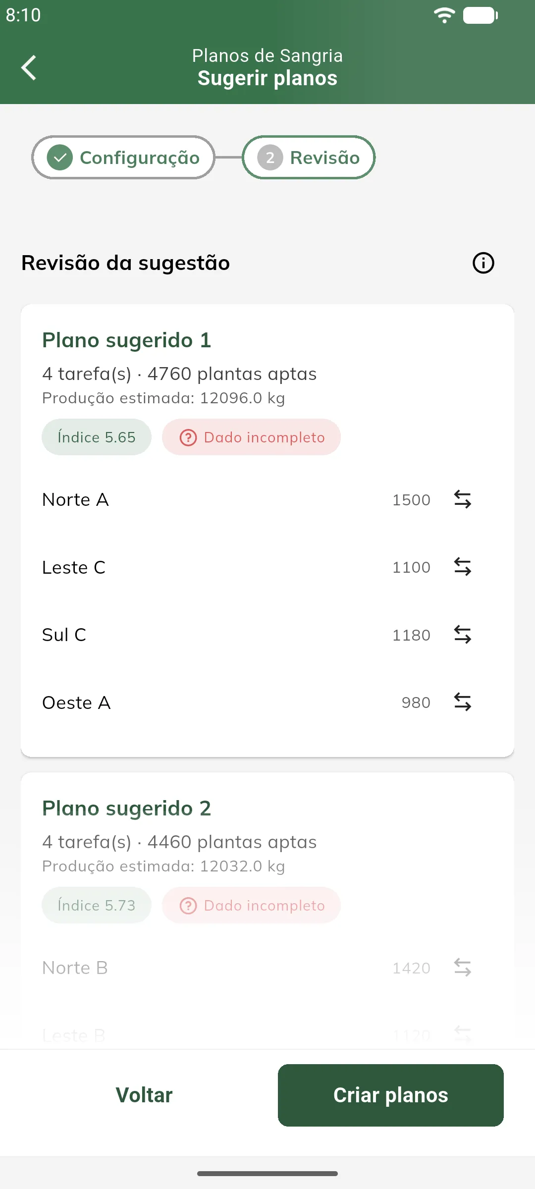 Revisão da sugestão com o botão de detalhes