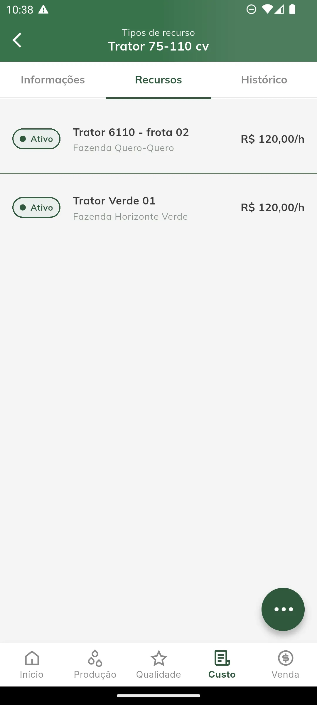Aba de recursos do tipo
