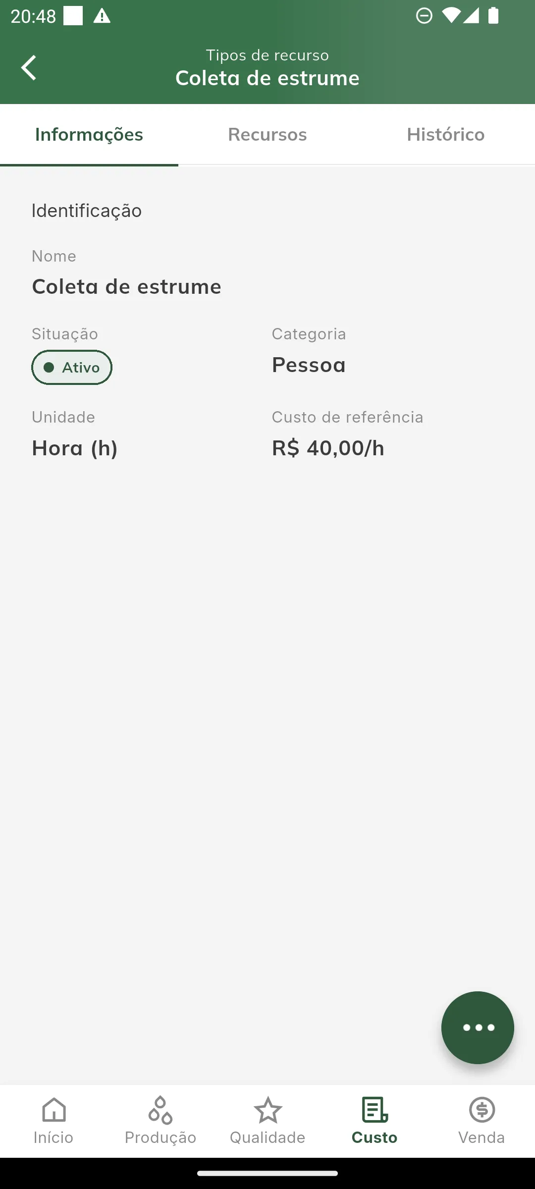Aba de informações do tipo