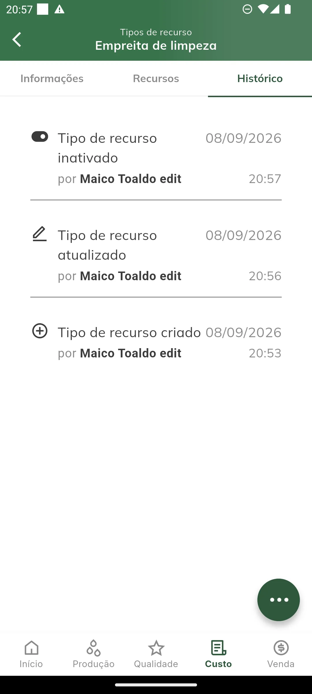 Aba de histórico do tipo