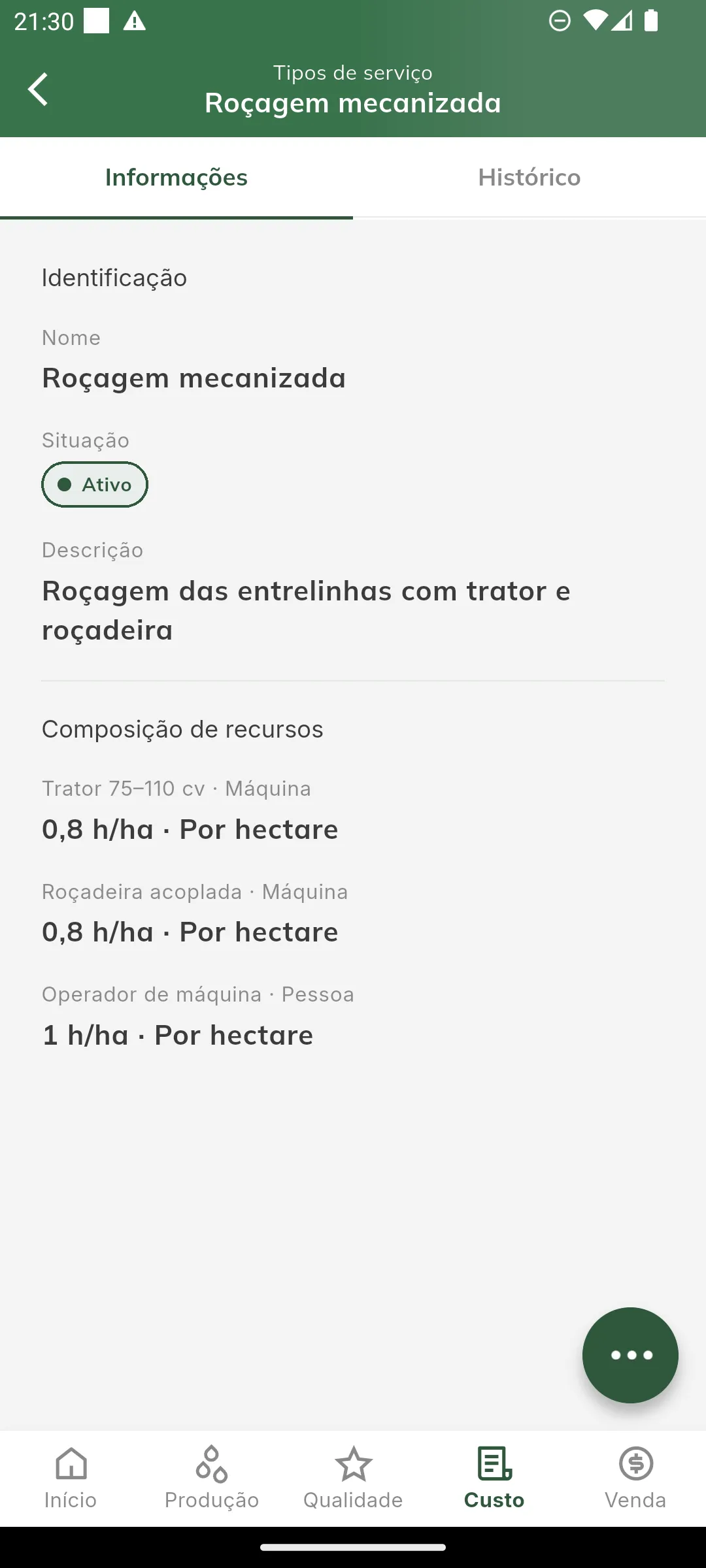 Detalhe do tipo de serviço