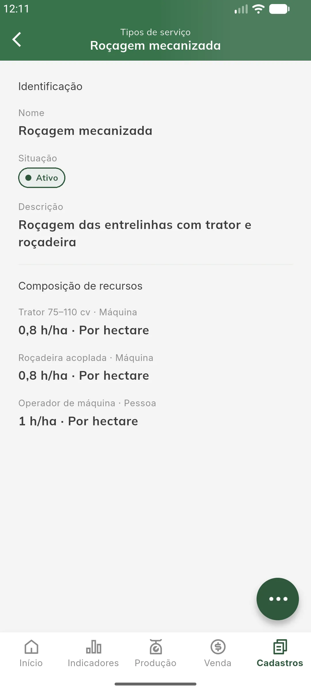 Detalhe do tipo de serviço